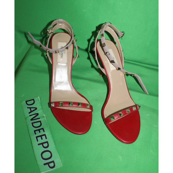 Valentino Garavani Gold Rockstud Red Calfskin Leather Sandal Heels Size 37 - Picture 1 of 11